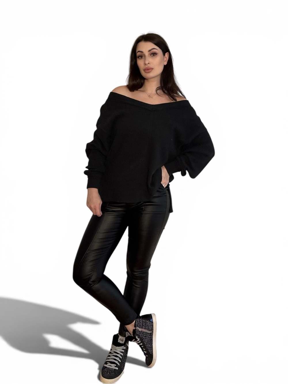 Aerie Black Oversized Off Shoulder Waffle Knit Sweater XS
